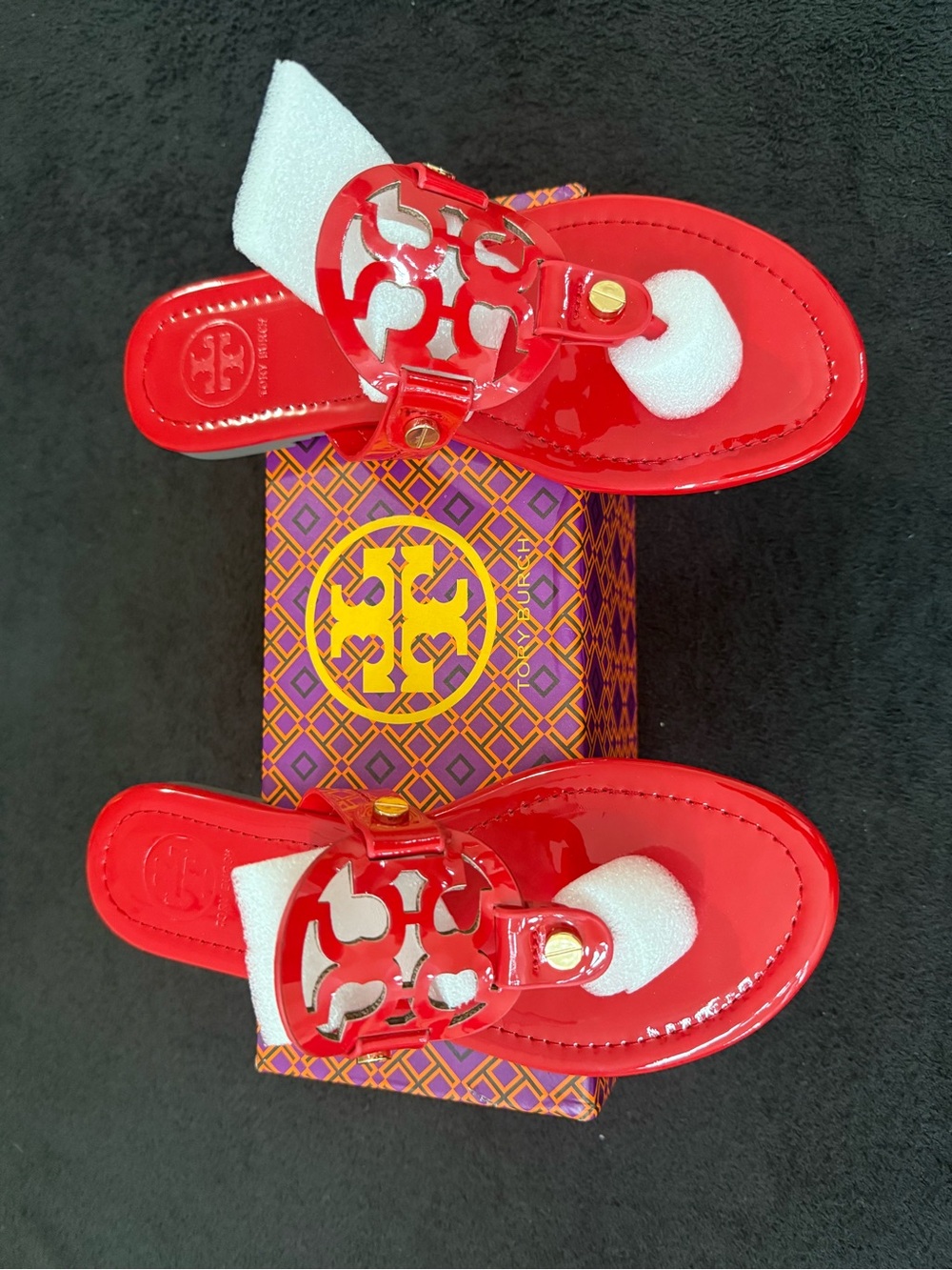Tory Burch Glossy Red Patent Logo Thong Sandals